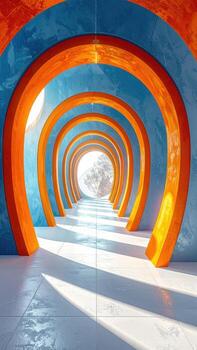 un vibrante, arquitectónico túnel con concéntrico arcos en naranja y azul. luz de sol corrientes mediante el arcos, esclarecedor un camino adelante foto
