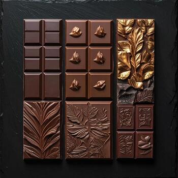 Exquisite chocolate bars arranged on a dark slate surface. Four vertical bars, each featuring different intricate designs. Dark brown chocolate with sculpted patterns. Gold leaf accents on one bar, and various textures photo