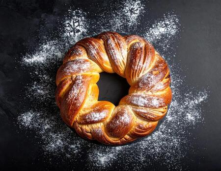 A round braided bread wreath, dusted with powdered sugar, sits on a dark surface photo
