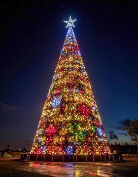 Grand Christmas tree, vibrant lights against a starlit night sky photo