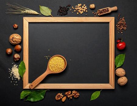 A dark chalkboard frame, centered on a dark surface, surrounded by various nuts, grains, spices, and leaves. A wooden spoon holds yellow grains photo