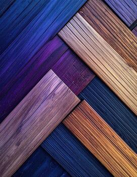 Abstract wood paneling in a herringbone pattern, showcasing a gradient of vibrant colors photo
