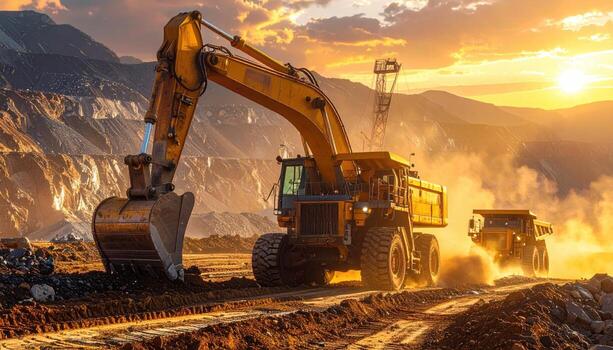 Open-pit mining operation at sunset. Heavy machinery, including excavators and dump trucks, are active in a dusty, gold-hued landscape. Mountains in the background. Dramatic light photo