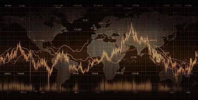 A world map with a line of graphs and a line of gold photo