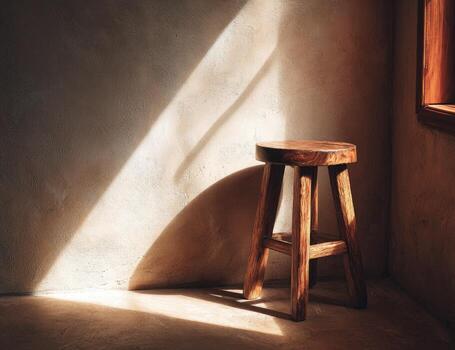 A wooden stool in front of a window photo