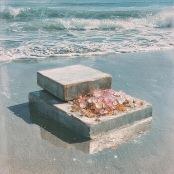 A stack of concrete blocks on the beach with pink stones photo