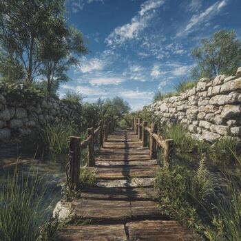 A bridge over a stream in a forest photo