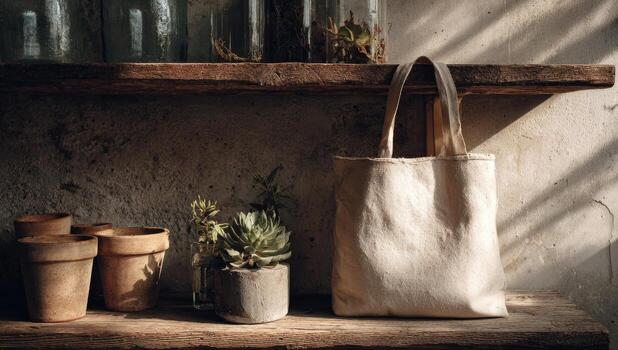 A tote bag and potted plants sit on a shelf photo