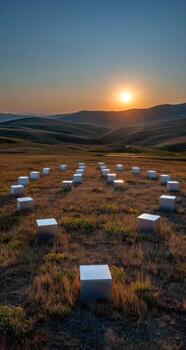 A field with many white boxes in it photo