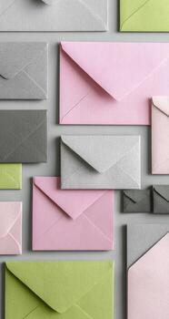 Many different colored envelopes arranged in a row photo