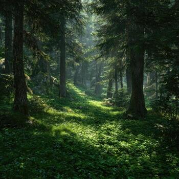 A forest with green grass and trees photo