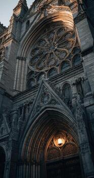 A large cathedral with a large window and a clock photo