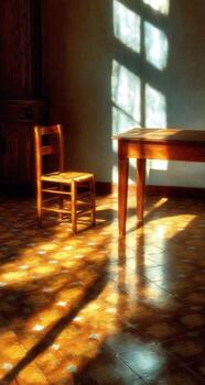 A chair and table in a room with sunlight photo