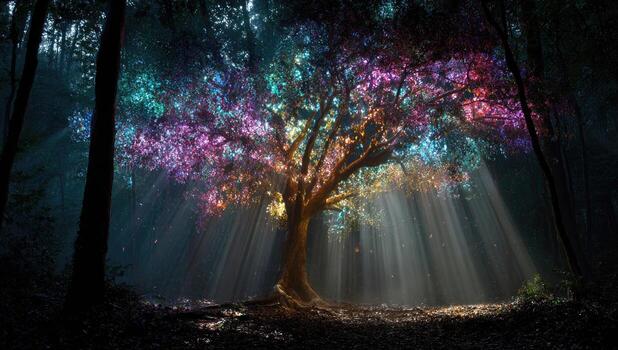 A tree with colorful lights shining through it photo