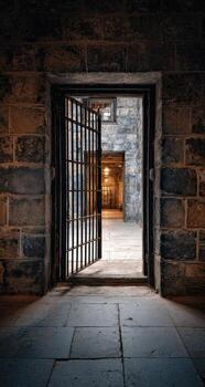 An open door to a prison cell photo
