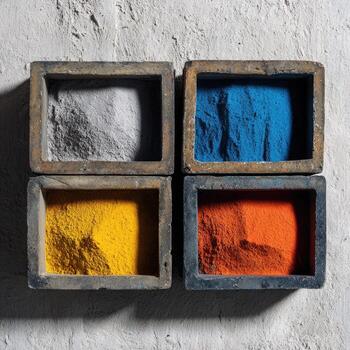 Four different colored powders in wooden boxes photo