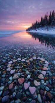un playa con rocas y corazones en el agua foto