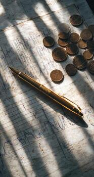 A pen and coins on a table photo