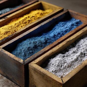 A variety of colored powders in wooden boxes photo