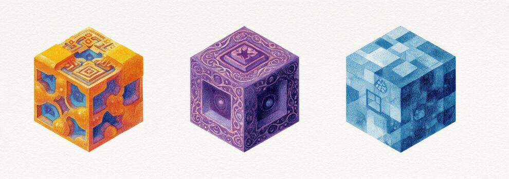 Three different colored cubes with different designs photo