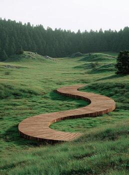 A wooden pathway in a grassy field photo
