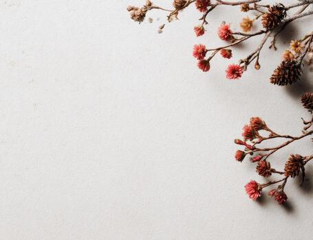 A branch of dried flowers and cones on a white surface photo