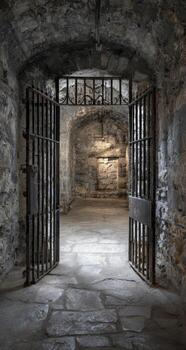 An open door to a stone prison cell photo