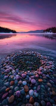 A circle of rocks in the water at sunset photo
