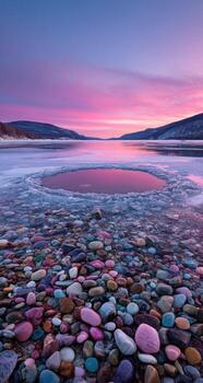 A frozen lake with rocks and water in the foreground photo