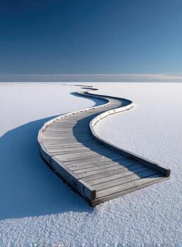 A long wooden walkway in the middle of a snowy field photo
