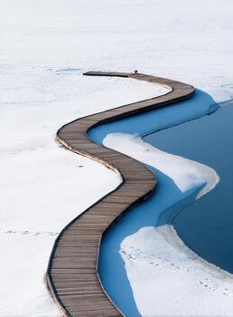 A wooden path that is on the snow covered ground photo