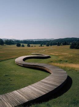 A wooden walkway in a field photo