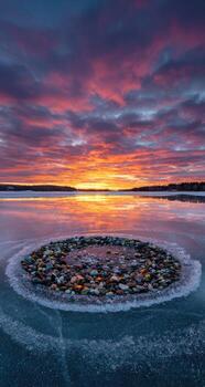 A sunset over a frozen lake with rocks and ice photo