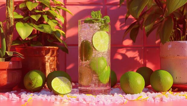 A glass of lime juice with a lime slice and a plant photo