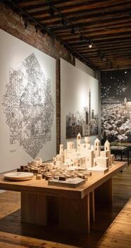 A large wooden table with a model of a city on it photo