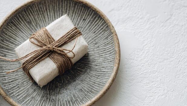 A wrapped gift on a plate with twine photo