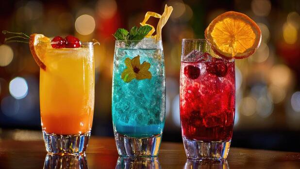 Three colorful cocktails are shown on a bar photo