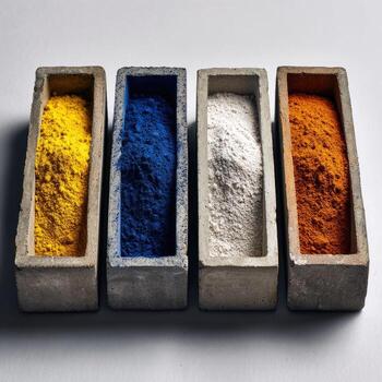 Four different colored powders in cement boxes photo