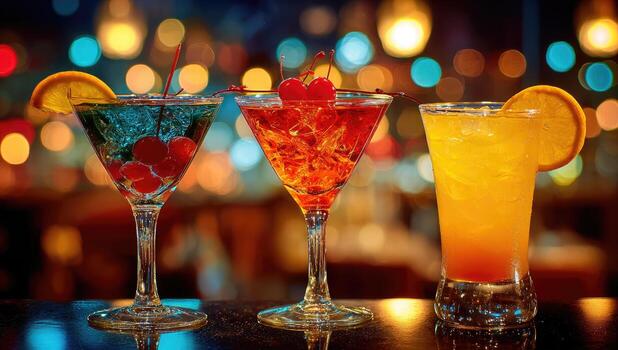 Three different colored cocktails on a bar photo