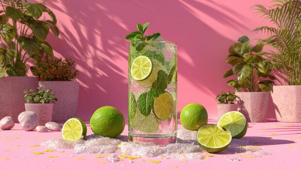 A glass of lime juice with mint leaves and lime slices photo