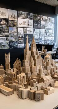 A model of a city made out of wooden blocks photo