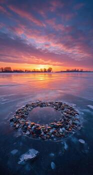 A circle of rocks on the ice photo