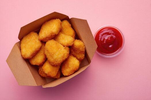 A box of chicken nuggets and ketchup on a pink background photo