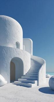 A white house with a circular staircase and steps photo
