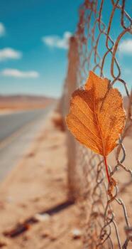 A leaf is hanging from a chain link fence photo