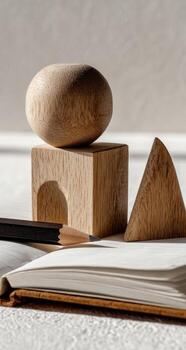 A wooden cube, pencil and book on a table photo