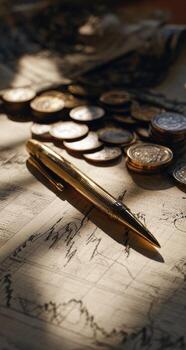 A pen and coins on a table with a light shining on it photo