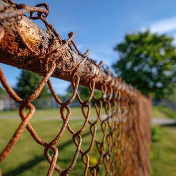 A rusty chain link fence with a blue sky in the background photo
