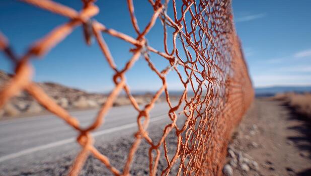 A fence with orange netting on the side of a road photo