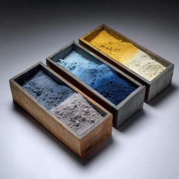 Three wooden boxes with different colored powders photo